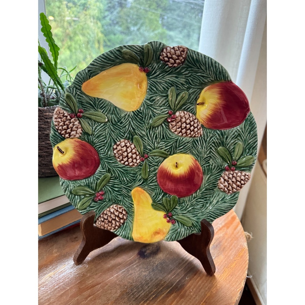 Vintage Fitz and Floyd 1991 Woodland Pinecone Majolica Style Decorative Plate